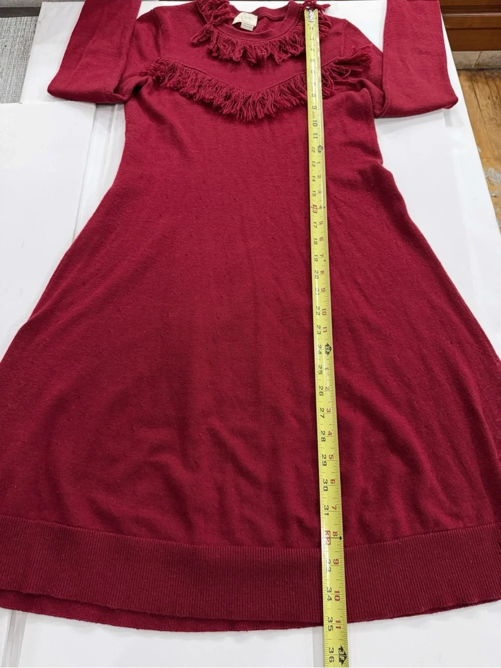Kate Spade Women's XS Cranberry Red Wool Blend Fringe Sweater Dress Preppy Chic